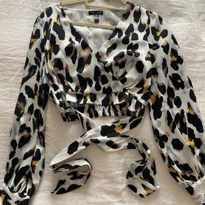 Aqua Leopard Cropped Blouse with Tie
